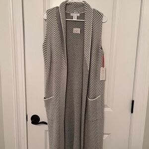 Gray and White Striped Sleeveless Cardigan